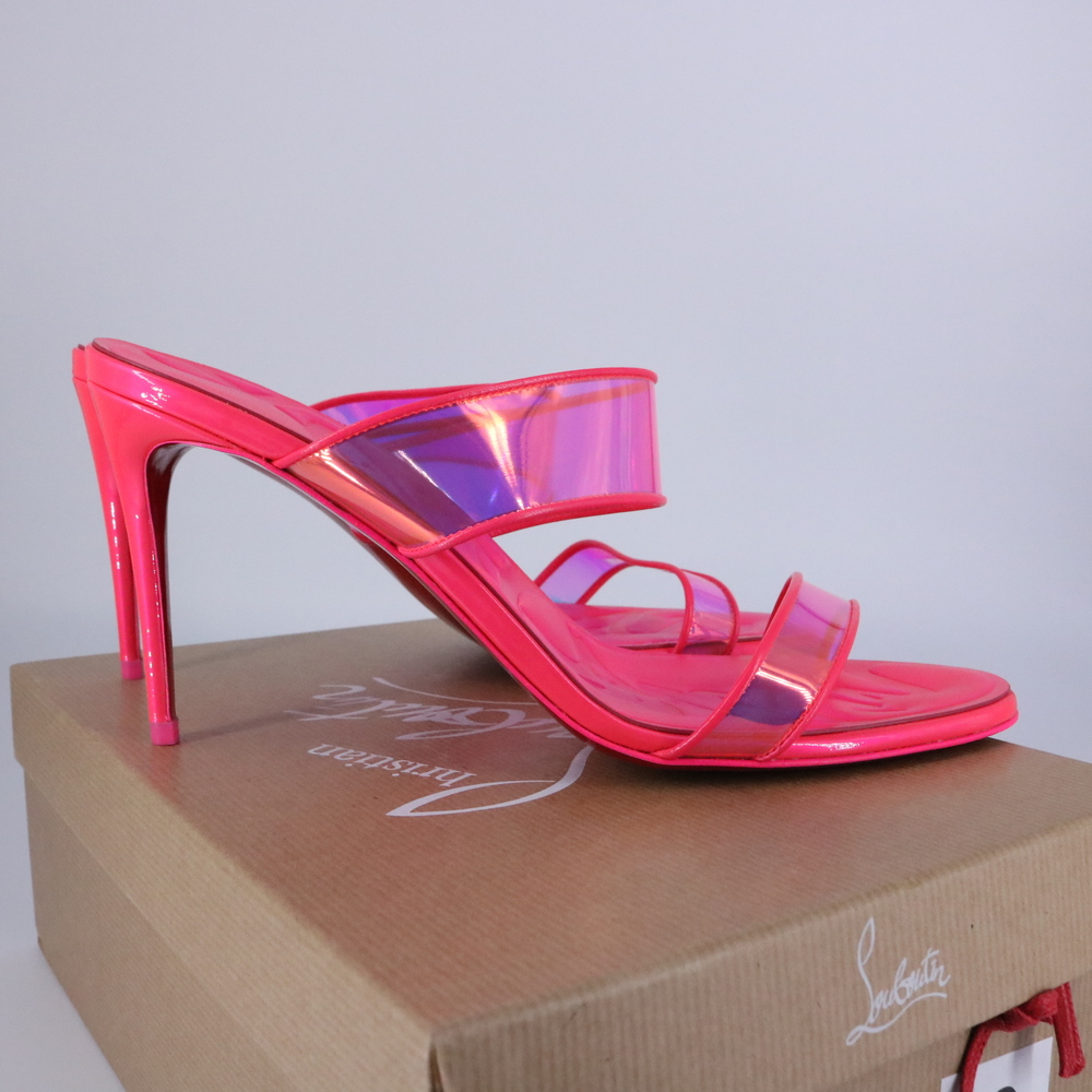 Christian Louboutin 40 Just Loubi 85mm Neon Pink Fluo Barbie PVC Sandals E751 - Picture 5 of 12